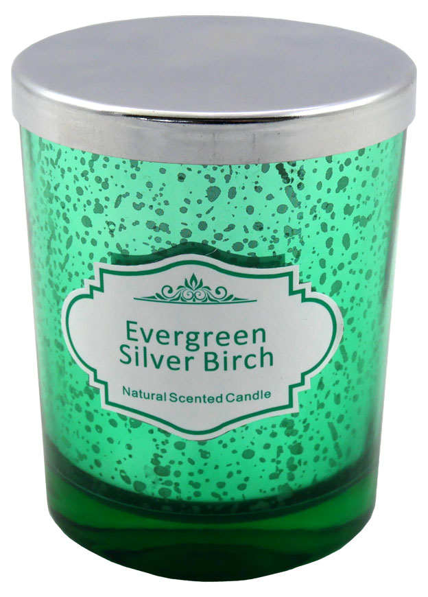 Scented candle green glass, evergreen & silverbirch, H: 10cm, D: 8cm, 