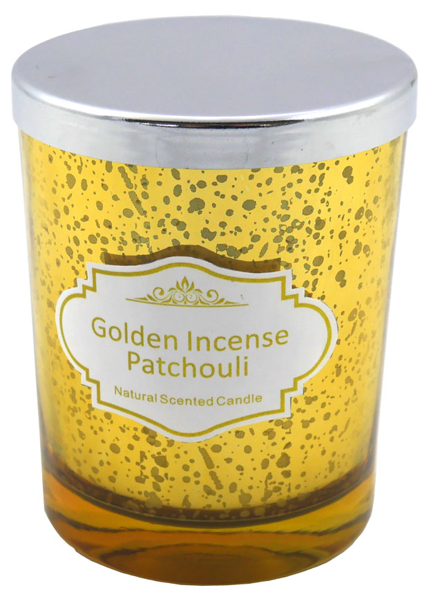 Scented candle golden glass, golden incense & patchouli, H: 10cm, D: 8cm, 