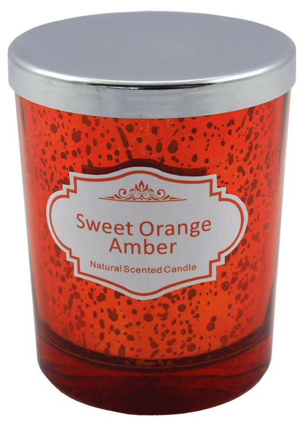 Aromakerze im orangenen Glas, sweet orange & amber, H: 10cm, D: 8cm, 