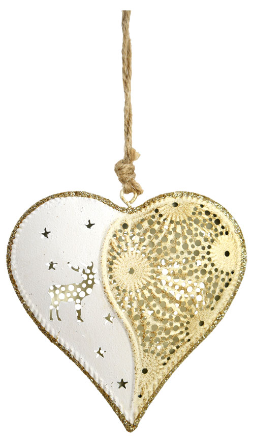 Metal pendant Heart with Reindeer, creme/gold, 9.5cm, 