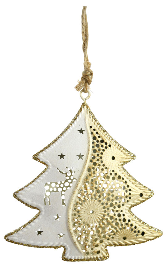 Metal pendant Tree with Reindeer, creme/gold, 9.5cm, 