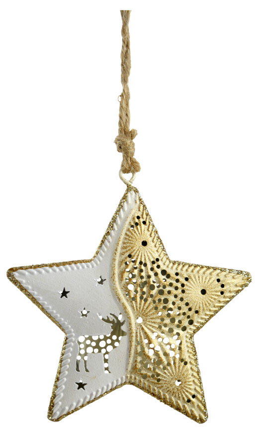 Metal pendant Star with Reindeer, creme/gold, 9.5cm, 