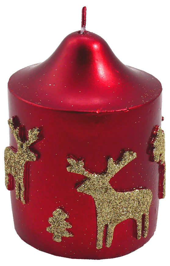 Candle cylinder red with golden reindeers, 