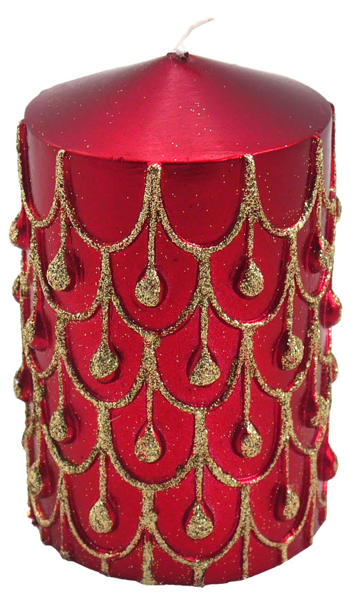 Candle cylinder red with golden chains, 